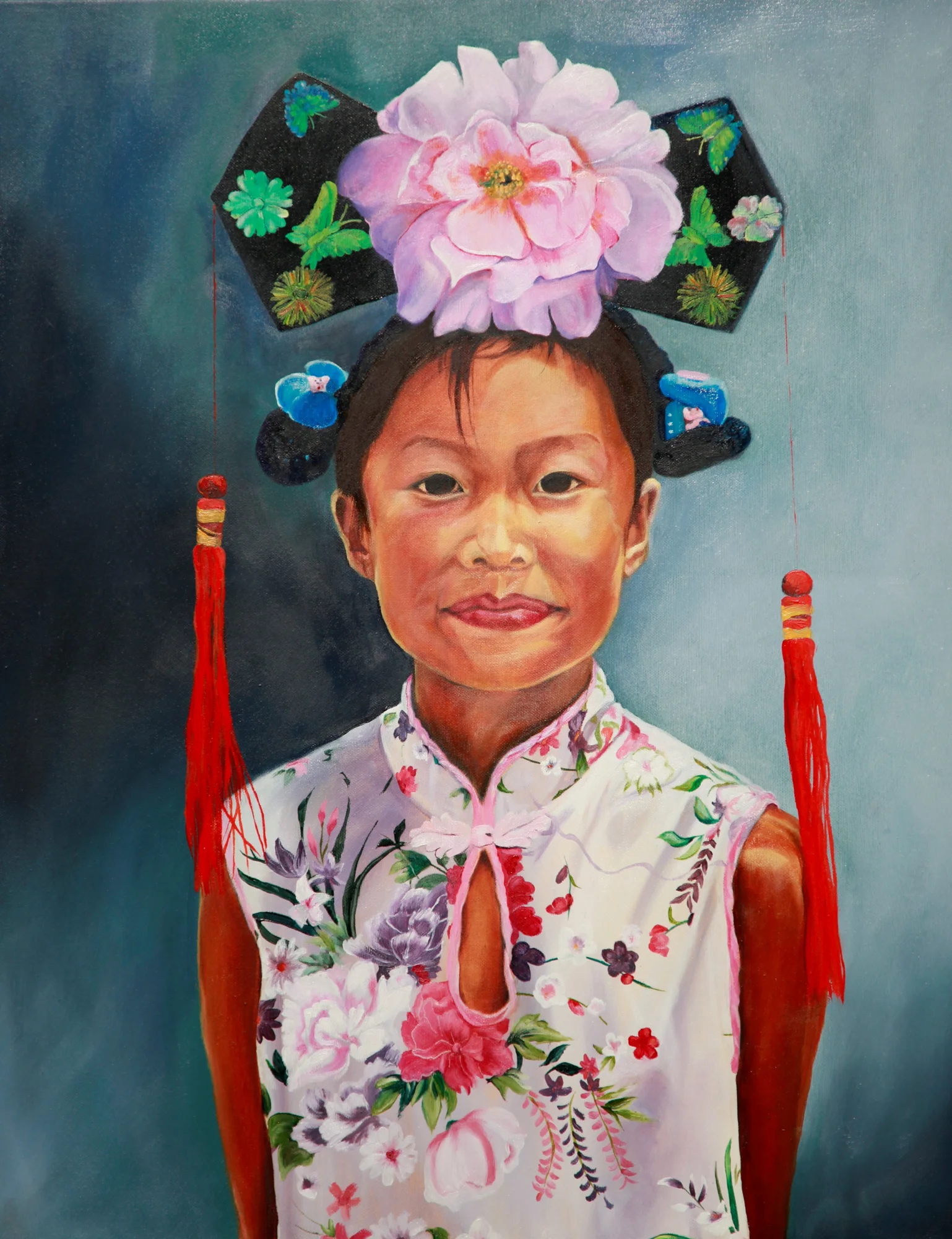 Het Chinese meisje op het plein — schilderij van Jeanne Thijssen