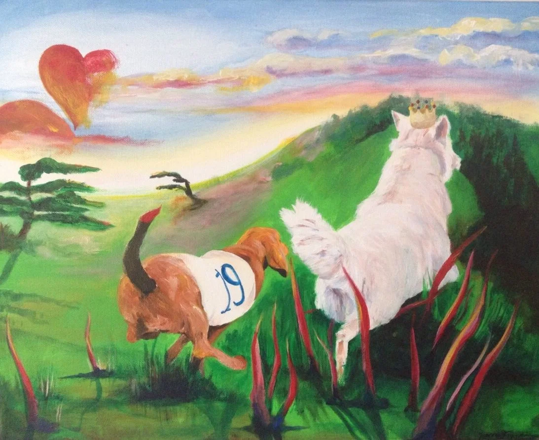 Prinses Faye met jockey Timmie — schilderij van Jeanne Thijssen