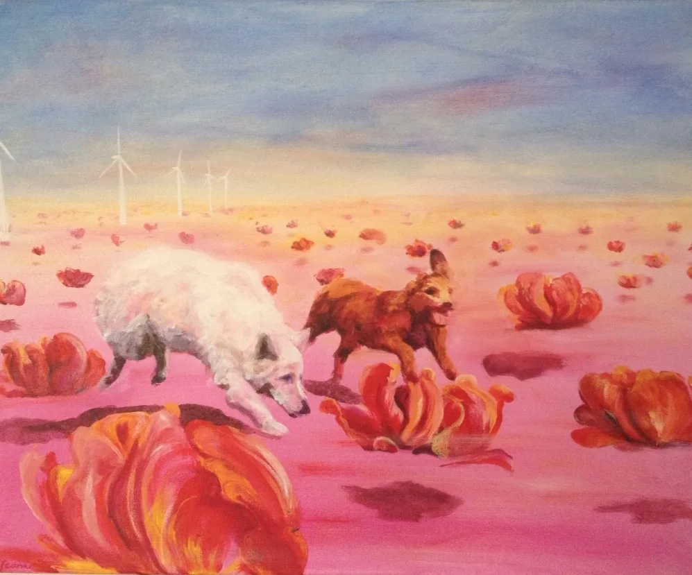 Faye en Timmie in het tulpenveld — schilderij van Jeanne Thijssen